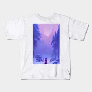 Anime Girl Snowy Forest Christmas Vibe Landscape Kids T-Shirt